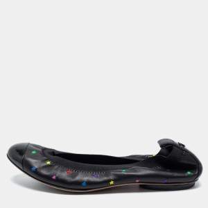Pre Owned Chanel Black Leather Star Srunch Ballet Flats Size 38.5