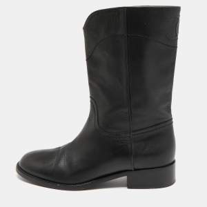 Chanel Black Leather Calf Length Boots Size 37.5