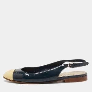 Pre Owned Chanel Navy Blue/Light Yellow Patent Leather CC Cap Toe Slingback Flats Size 38