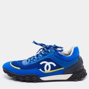 Pre Owned Chanel Blue Mesh, Leather and Nylon CC Low Top Sneakers Size 39