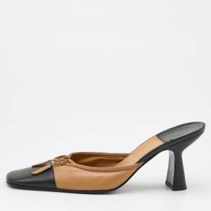 Chanel Beige/Black Leather CC Cap Toe Bow Mules Size 37.5