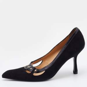 Pre Owned Chanel Vintage Black Suede and Karung Buckle Pumps Size 38.5