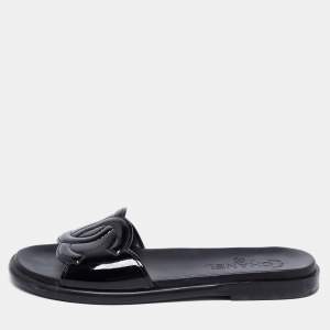Chanel Black Patent Leather CC Slide Flats Size 38