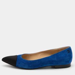 Pre Owned Chanel Blue/Black Satin and  Suede Pointed Toe Gabrielle Ballerina Flats Size 37