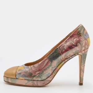 Pre Owned Chanel Multicolor Lurex Crepe Fabric and Leather Cap Toe Paris Dubai Platform Pumps Size 38