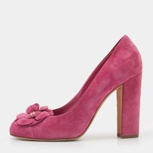 Chanel Pink Suede Camellia CC Block Heel Pumps Size 39.5