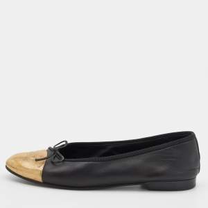 Chanel Black/Gold Leather CC Cap Toe Bow Ballet Flats Size 38.5