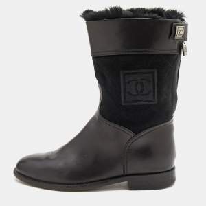 Chanel Black Leather and Suede Fur Lined Ankle Length Boots Size 37 