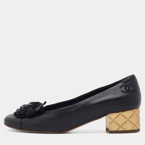 Chanel Black Leather Camellia Block Heel Pumps Size 37.5