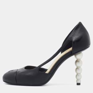 Chanel Black Leather Pearl Heel D'Orsay Pumps Size 38