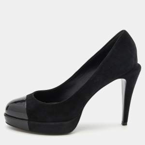 Chanel Black Suede and Patent Leather Cap Toe Pumps Size 39