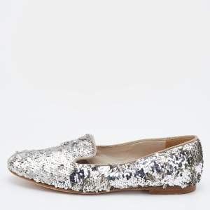 Pre Owned Chanel Silver Sequin CC Smoking Slippers Size 38.5
