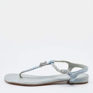Chanel Pale Blue Tweed CC Flat Thong Sandals Size 38.5
