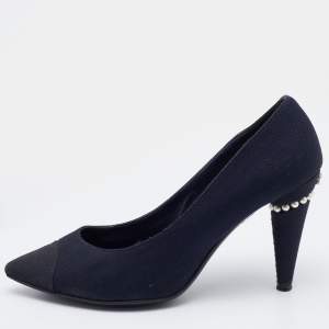 Pre Owned Chanel Navy Blue Canvas Embellished Pointed Toe Pumps Size 39.5