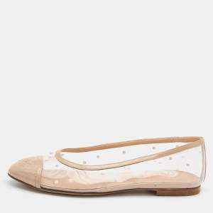 Pre Owned Chanel Beige Patent Leather and PVC Embellished Ballet Flats Size 35.5