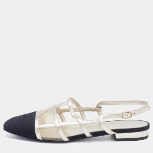 Chanel Black/Silver Fabric, Mesh and Leather CC Slingback Flat Sandals Size 37