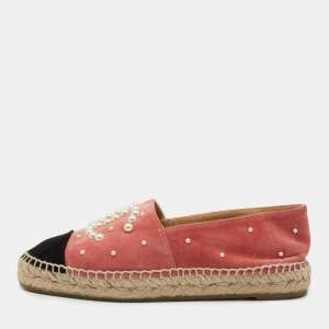 Chanel Pink/Black Suede CC Pearl Espadrilles Flats Size 37