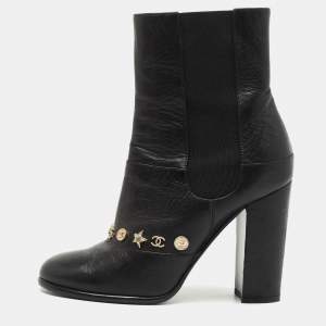 Chanel Black Leather Charm Ankle Boots Size 38
