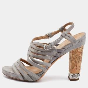 Chanel Grey Suede Cork Block Heel Strappy Sandals Size 37