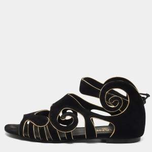 Chanel Black/Gold Suede Caged Flat Sandals Size 38