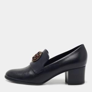 Chanel Navy Blue Leather Buckle Loafer Pumps Size 40