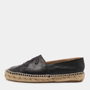 Pre Owned Chanel Black Leather CC Espadrille Flats Size 36