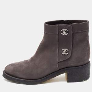 Chanel Grey Nubuck Leather CC Turnlock Ankle Length Boots Size 40.5