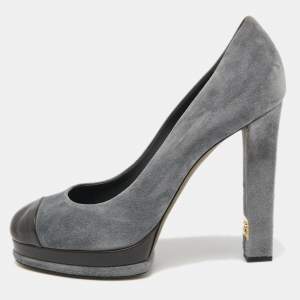 Pre Owned Chanel Grey/Green Suede And Leather Cap Toe Platform Block Heel Pumps Size 41.5