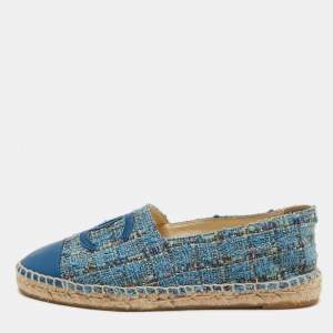 Chanel Blue Tweed And Leather CC Cap Toe Espadrille Flats Size 36 