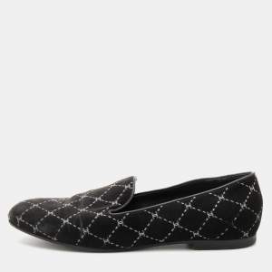 Pre Owned Chanel Grey Velvet Quilted CC Logo Smoking Slippers Size 39.5