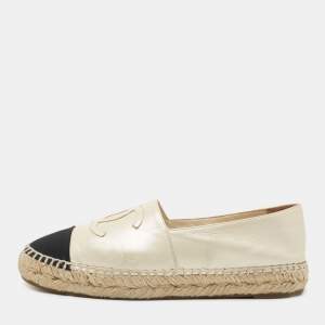 Pre Owned Chanel Metallic/Black Leather and Canvas CC Espadrille Flats Size 37