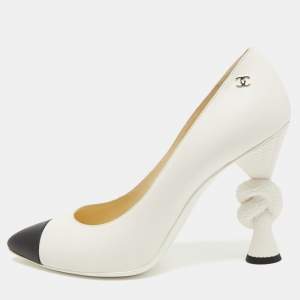 Pre Owned Chanel White/Black Leather  Cap Toe Knot Heel Pumps Size 41