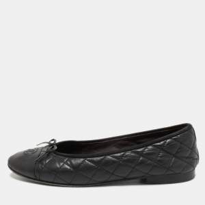 Chanel Black Quilted Leather CC Bow Ballet Flats Size 40