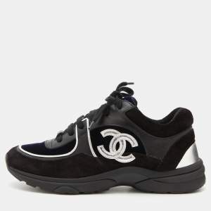 Pre Owned Chanel Black/Navy Blue Suede and Velvet CC Low Top Sneakers Size 38