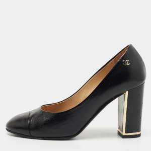 Chanel Black Leather Cap Toe CC Block Heel Pumps Size 36