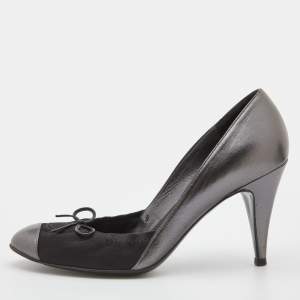Chanel Metallic Grey/Black Leather and Satin Bow CC Cap Toe Pumps Size 36