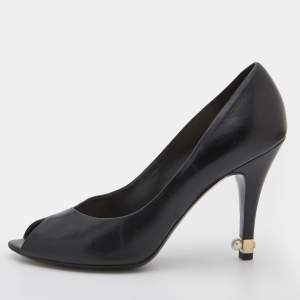 Chanel Black Leather Peep Toe CC Pearl Heel Pumps Size 38.5