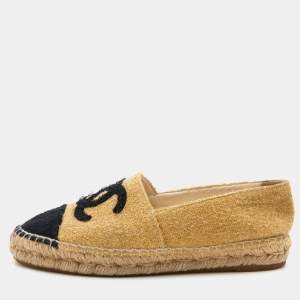 Chanel Yellow/Black Metallic Fabric CC Cap Toe Espadrilles Flats Size 37