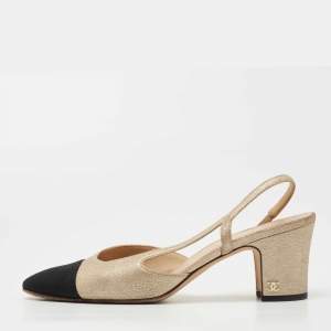 Pre Owned Chanel Beige/Black Leather and Fabric Cap Toe CC Slingback Pumps Size 38.5
