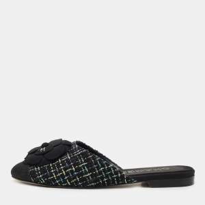 Chanel Black/Green Tweed and Fabric CC Camelia Flat Mules Size 38.5