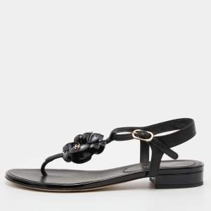 Chanel Black Patent and Leather CC Camellia T-Strap Sandals Size 37.5
