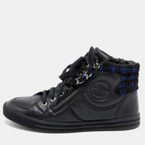Chanel Black Leather CC Chain Link High Top Sneakers Size 35