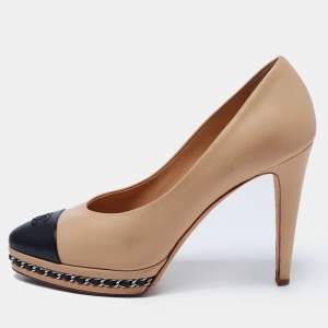 Pre Owned Chanel Beige/Black Leather Cap Toe Chain Link Pumps Size 39
