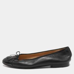 Chanel Black Leather and Patent CC Cap Toe Bow Ballet Flats Size 38