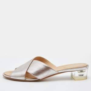 Chanel Metallic Beige Leather Cross Strap Slide Sandals Size 39