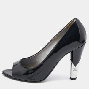 Chanel Black Patent Leather CC Open Toe Pumps Size 36