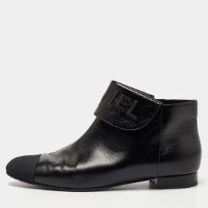 Chanel Black Leather and Canvas Cap Toe Fold Over Logo Ankle Boots Size 41