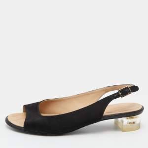 Chanel Black Satin Open Toe Block Heel Slingback Pumps Size 38.5