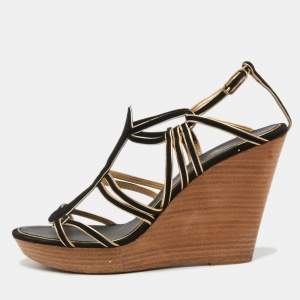Chanel Black/Gold Suede and Leather Wedge Sandals Size 39