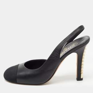 Chanel Black Leather Pearl Heel Slingback Pumps Size 40